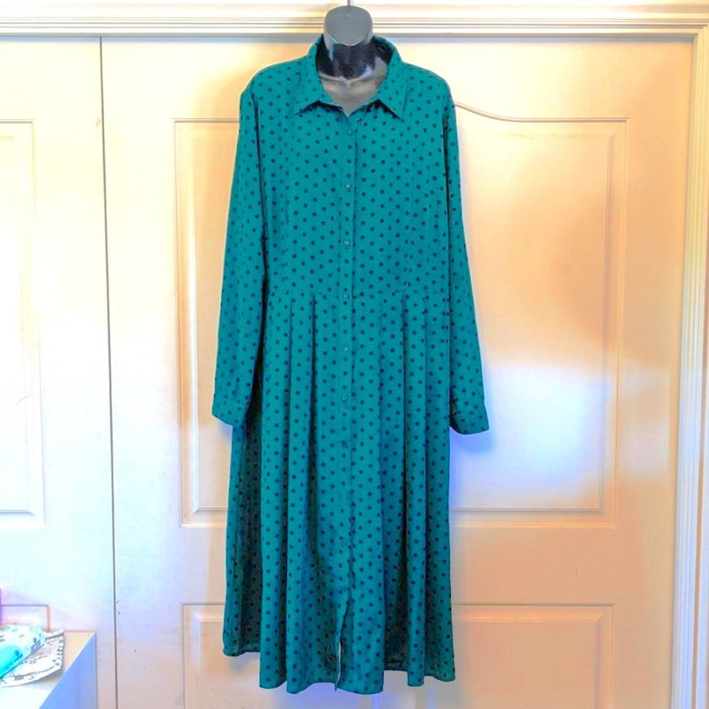 Glamorous Curve Long Sleeve Smock Dress, Green &  Black Polka Dots, Size 16